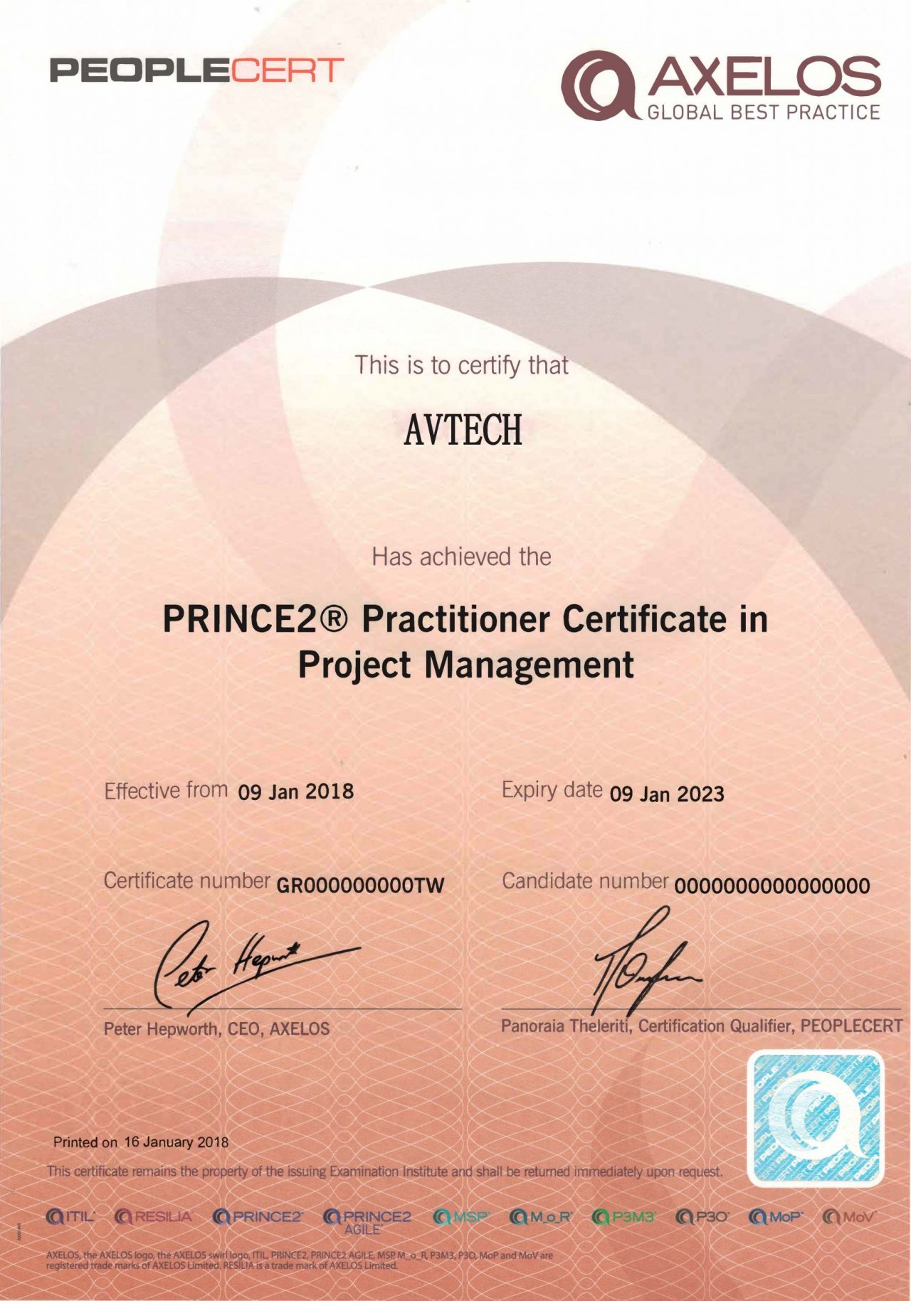 恭喜!艾威Prince2 Practitioner的学员范庚飞成功通过考试！